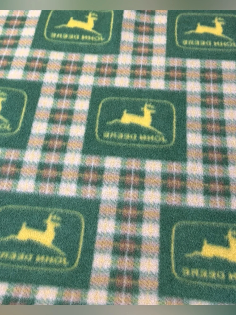 John Deere Logo FLEECE Plaid Green Yellow Blanket Country Style 62”X 59 raw Edge